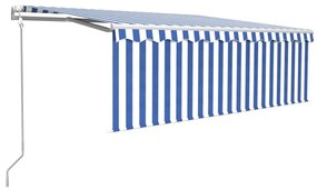kék és fehér redőnyös, szélérzékelős, LED-es napellenző 4,5x3 m