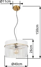 Globo 15698HM Függeszték fém matt arany színek, üvegrúd opál, átlátszó, kábel PVC fekete, ø: 400mm, M: 1500mm, 1x E27 60W 230V izzó nélkül