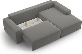 Világosszürke bársony kinyitható-tárolóhelyes sarokkanapé (jobb oldali-heverő résszel) Jodie – Micadoni