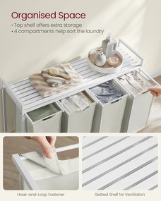 VASAGLE 4 rekeszes szennyeskosár 4 × 40 L, 116 × 33 × 72 cm, krémfehér és matt fehér