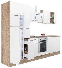 Yorki 300 konyhabútor sonoma tölgy korpusz,selyemfényű fehér front alsó sütős elemmel felülfagyasztós hűtős szekrénnyel