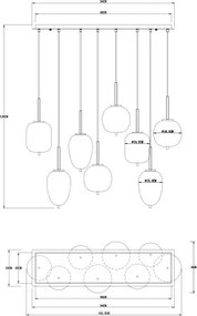 Globo 15345-8MM Függeszték réz matt fém váz, füstszínű 8 különböző méretű, és formájú üvegbúrával. HxSZxM940x340x1200, fényforrás nélkül szállítva 8xE14 40W 230V