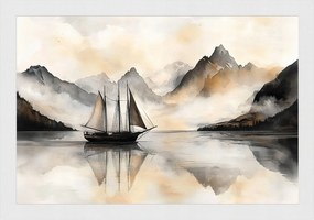 Poszter Keret Fa Ázsia Tájkép Hegyek Tenger Hajó Kína Japandi 60x40