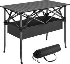 Outsunny összecsukható kempingasztal, 93 x 55 x 68 cm, hordozható gurítható alumínium lappal és tárolóhálóval, fém váz, hordtáska, fekete | Aosom