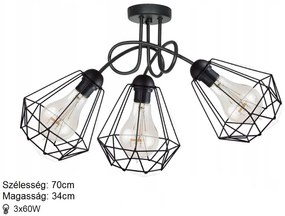 KÉSZLETKISÖPRÉS! Glimex Diamond drót búrás fix mennyezeti lámpa fekete 3x E27