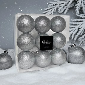Ezüst glitteres műanyag karácsonyi gömb szett 9x8cm