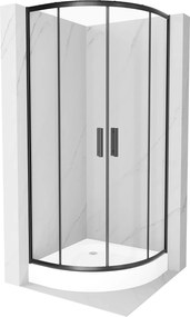 Mexen Rio, negyedkör alakú zuhanykabin tolóajtóval 90 x 90 cm, 5mm átlátszó üveg, fekete profil + fehér magas zuhanytálca Rio, 863-090-090-70-00-4710
