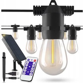 LED Stm napelemes díszfényfüzér 20xE27/3V USB 2400 mAh 20,62 m IP65 fekete + távirányító