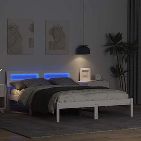 Ágykeret LED -es lámpákkal Fehér 140 x 190 cm Tömör fenyőfa