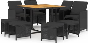 vidaXL 9 részes fekete polyrattan kerti étkezőgarnitúra párnákkal