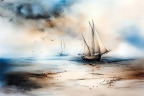 Vászonkép Canvas Tájkép Víz Tenger Csónakok Vitorlások Sirályok Köd 120x80