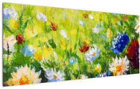 Virágzó rét képe, olajfestmény (120x50 cm)