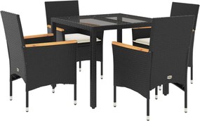 vidaXL 5 részes fekete polyrattan/üveg kerti étkezőgarnitúra párnákkal