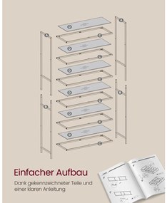 Fém tároló állvány üvegpolcokkal, 6 szintes, óarany 80x30x176cm