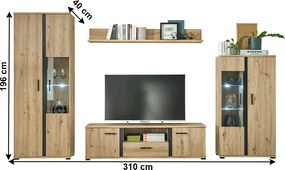 Nappali fal/szekrénysor, artisan tölgy/fekete, KANODE