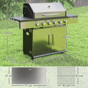 Outsunny Gázgrill 8500BTU, grillkocsi 6 rozsdamentes acél égővel, hőmérővel, nyomásszabályozóval, ezüst
