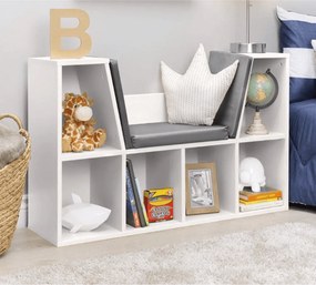 Gyerekkönyvtár ülőhellyel, fehér/szürke, FERIA