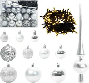 vidaXL Karácsonyi Díszgömb Készlet 150 LED-del 61 pcs Ezüst Műanyag