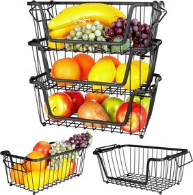 Háromszintes kosár 3 szintes zöldség-gyümölcs fém fekete patera