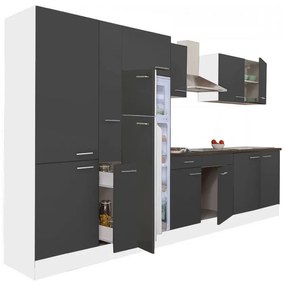 Yorki 360 konyhabútor fehér korpusz,selyemfényű antracit fronttal polcos szekrénnyel és felülfagyasztós hűtős szekrénnyel