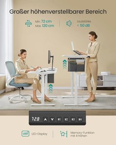 Elektromosan állítható magasságú íróasztal, 60 × 140 cm, felhő fehér színben