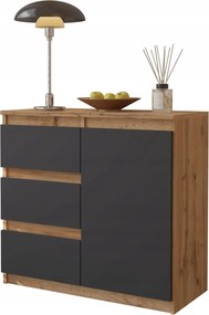 Komód Wotan Tölgy Antracit 3 Fiókos 1 Ajtós Polc, Szekrény 80 CM Nappali