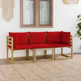 Háromszemélyes kerti kanapé piros párnákkal