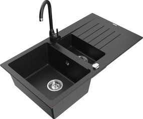 Mexen Matias 1,5 rekeszes gránit mosogató csepegtetővel és Telma konyhai csapteleppel, fekete/ezüst - 6502-73-670200-70