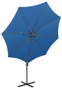 azúrkék konzolos napernyő rúddal és LED-fényekkel 300 cm