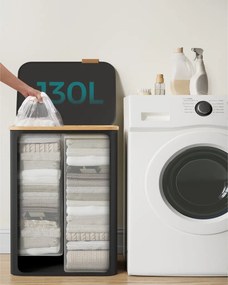 Szennyestartó, 2 rekeszes, 130L, kivehető hálós bélés, oxford szövet, bambusz fogantyúk, tinta feket