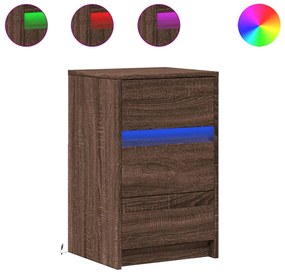 Barna tölgyszínű szerelt fa éjjeliszekrény LED-fényekkel