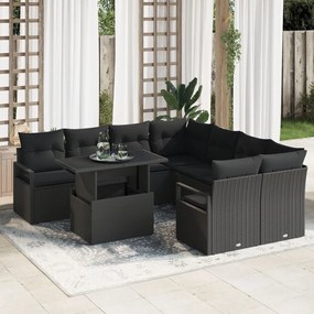9 Darabos Kerti Sofa Szett Párnákkal Fekete Poli Rattanban, 2-Fős Kerti Sofa Tárhelyes & Párnákkal Fekete Poli Rattanban