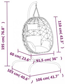 krémfehér polyrattan és acél lógó tojásszék párnával