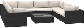 vidaXL 9-részes fekete polyrattan kerti bútorszett párnákkal