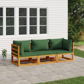 3-részes tömör fa kerti ülőgarnitúra zöld párnákkal