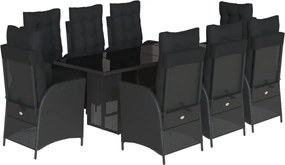vidaXL 9 részes fekete polyrattan kerti étkezőgarnitúra párnákkal