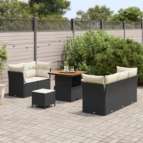 8 részes kerti kanapé szett párnákkal fekete poly rattan akáccal, 3 részes kerti étkező szett párnákkal fekete poly rattan akáccal