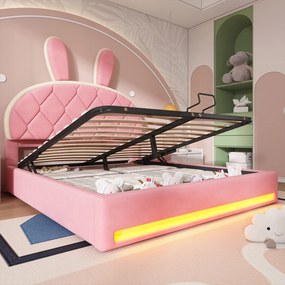 Hidraulikus ágy párnával Bársony franciaágy, rózsaszín, 140x200cm