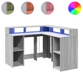szürke sonoma színű szerelt fa LED-es íróasztal 130x130x91 cm