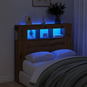 kézműves tölgyszínű szerelt fa LED-es fejtámla 120x18,5x103,5cm