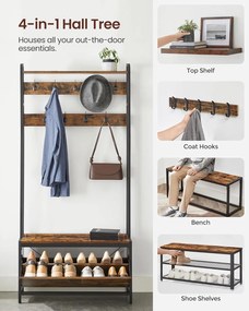 Fogas cipőtárolóval, előszobafal padokkal, 85x30x180cm, rusztikus barna és fekete