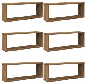 6 db kézműves tölgy színű szerelt fa fali kockapolc 60x15x23 cm