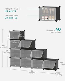 Cipős szekrény, 10 rekeszes moduláris tárolóegység, 32 x 165 x 125 cm, fekete