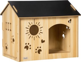 PawHut Fa Kutya Ház Kisebb Állatoknak Szellőzőnyílásokkal Kutya Kennel Tetővel Kutya Barlang Belső MDF Tölgy+Fekete 69 x 50 x 58,5 cm | Aosom