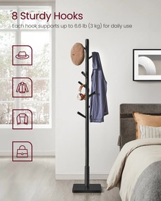 Fából készült kabátállvány 8 akasztóval, tintafekete színben