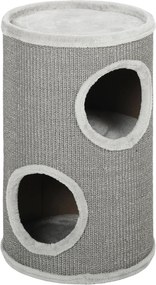 PawHut hordó alakú macskakaparó, 60 cm magas × 35 cm átmérő – 2 szintes macskabútor 2 kuckóval, plüss szegéllyel, 1–2 macskához (max. 5 kg/db), világo