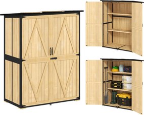 Outsunny Kerti Szekrény, Felszerelés Tároló Fából, Időjárásálló Felszerelés Szekrény 2 Ajtóval, Polcokkal, Szerszámtároló Aszfalt Tetővel, Kerti Szekr