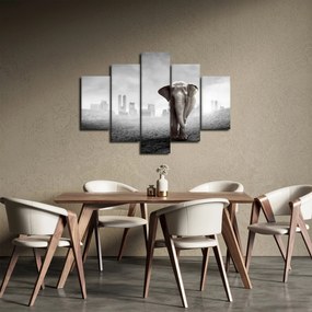 Kép -Elefánt egy nagyvárosban, fekete-fehér változat (150x105 cm)