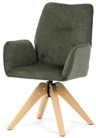 Scaun de sufragerie cu cotiere, din material verde hidrofug, cu picioare de stejar, rotativ la 360°