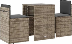vidaXL 3 részes szürke polyrattan bisztrógarnitúra párnákkal